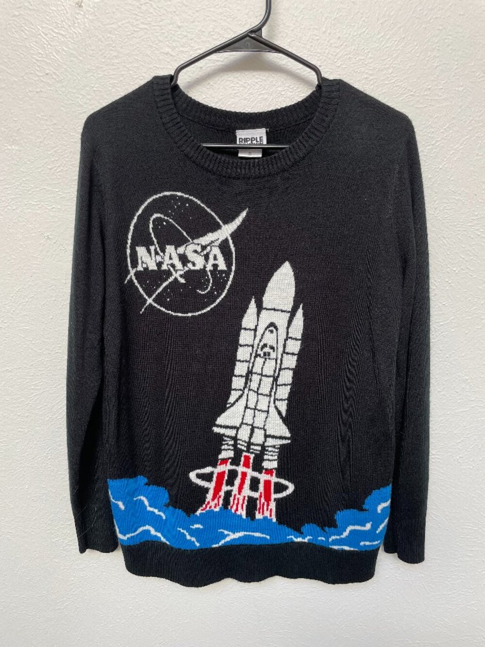 Ripple Junction NASA Space Shuttle Rocket Launch Knit Crewneck Sweater S